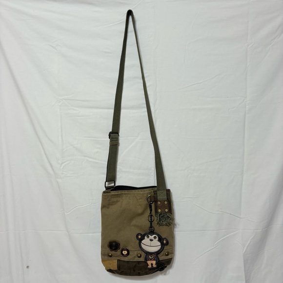 Chala Patch Crossbody Handbag in olive green canvas with a monkey charm - Picture 2 of 11